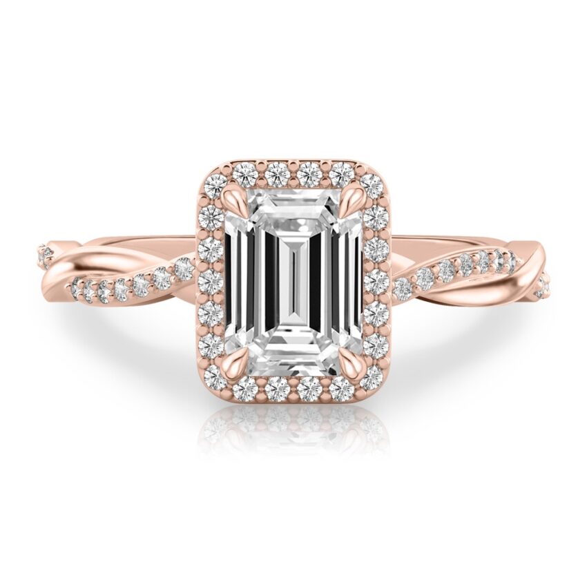 emerald cut diamond twist halo engagement ring in rose gold