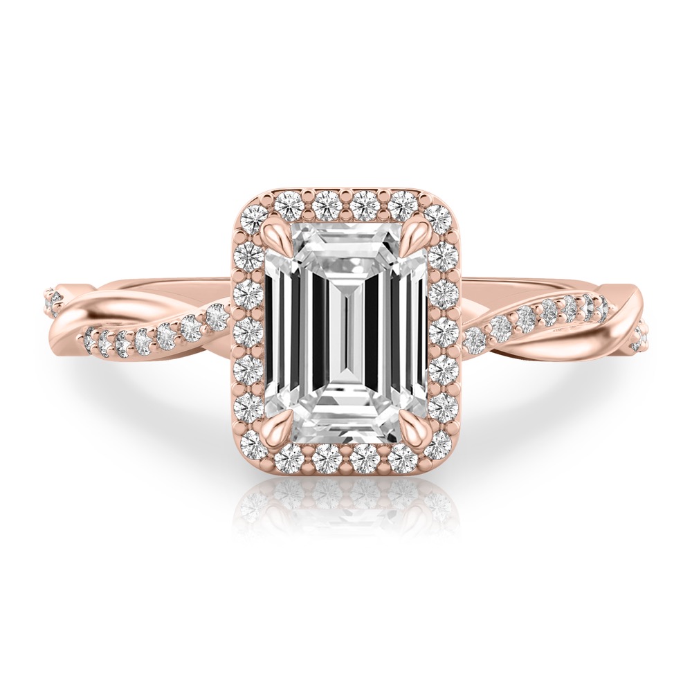emerald cut diamond twist halo engagement ring in rose gold