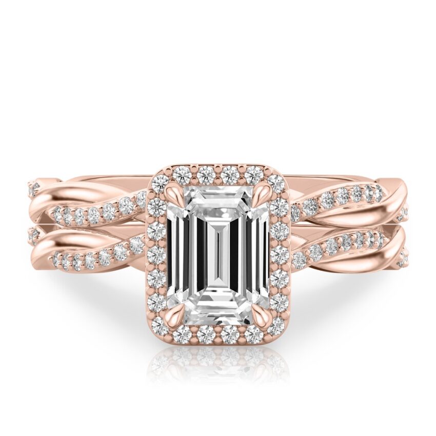 emerald cut diamond twist halo engagement ring set rose gold