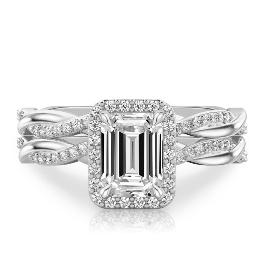 emerald cut diamond twist halo engagement ring set white gold