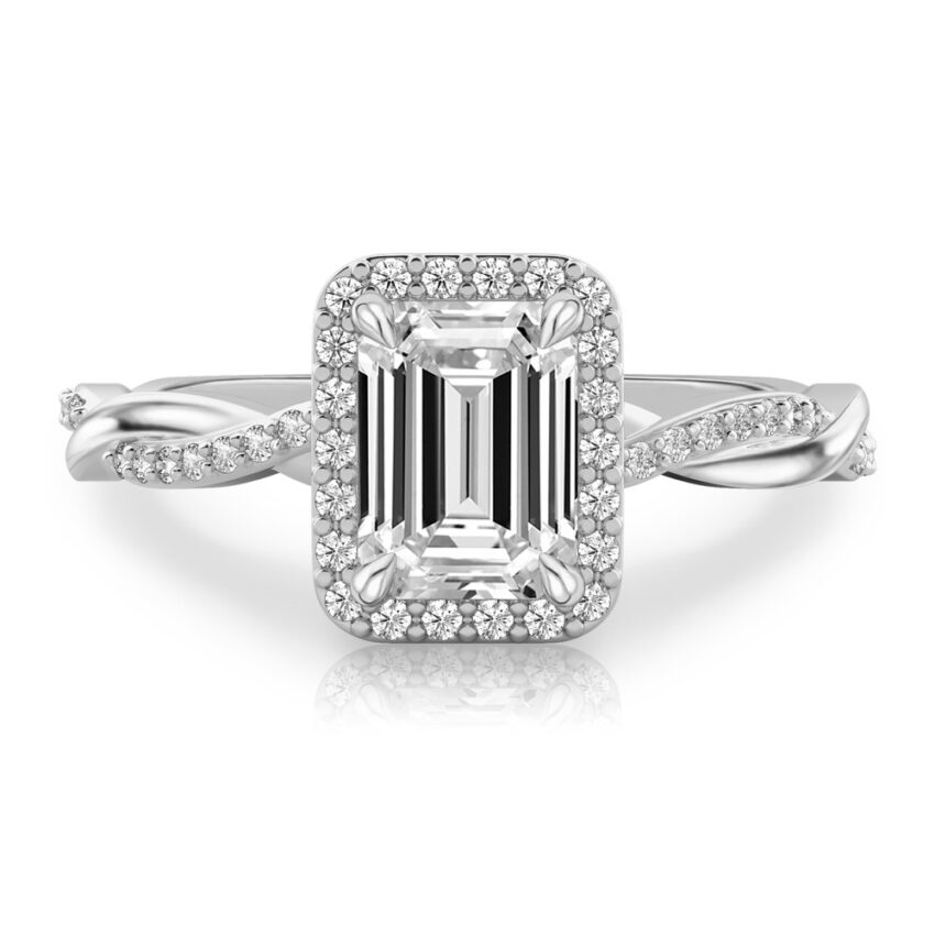 emerald cut diamond twist halo engagement ring in white gold