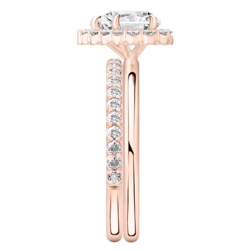 Side view of heart shape diamond floral halo engagement ring set rose gold