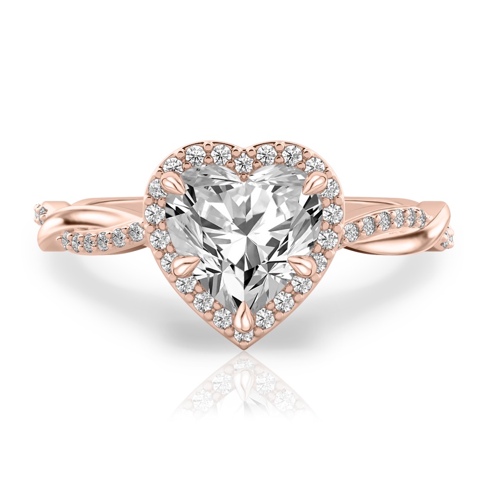heart shape diamond twist halo engagement ring in rose gold