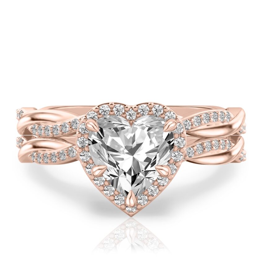 heart shape diamond twist halo engagement ring set rose gold