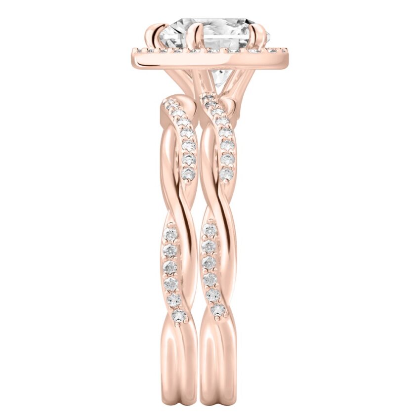 Side view of heart shape diamond twist halo engagement ring set rose gold