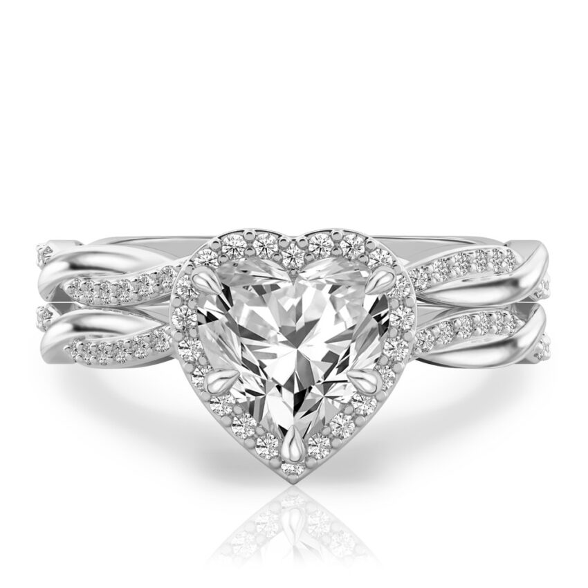 heart shape diamond twist halo engagement ring set white gold