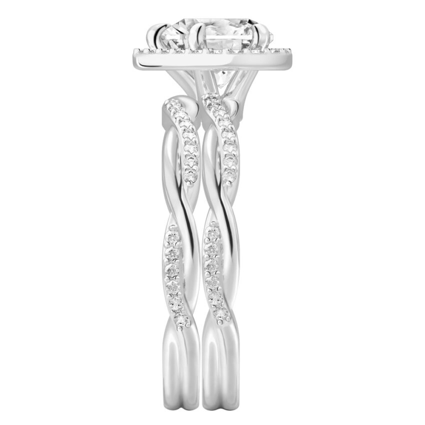 Side view of heart shape diamond twist halo engagement ring set white gold