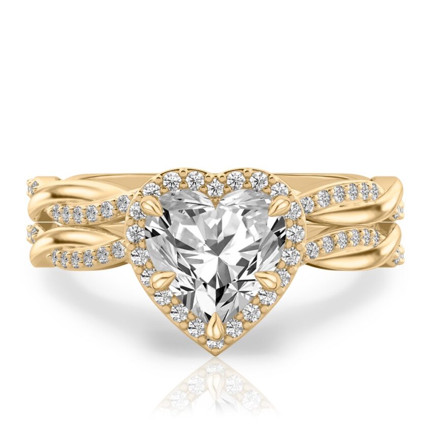 heart shape diamond twist halo engagement ring set yellow gold