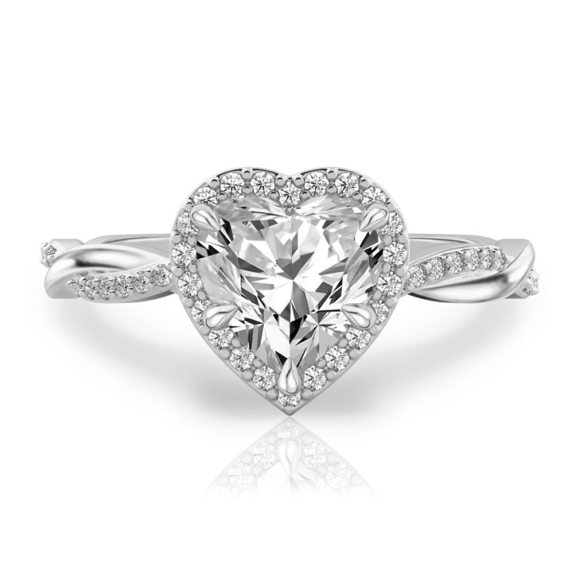 heart shape diamond twist halo engagement ring in white gold
