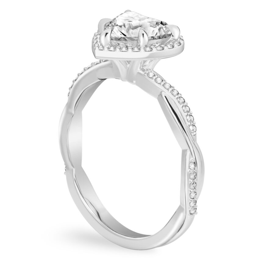 Angle view of heart shape diamond twist halo engagement ring in white gold