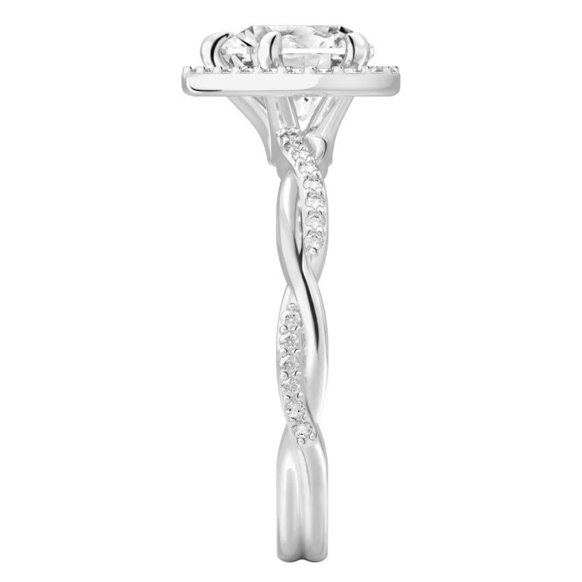 Side view of heart shape diamond twist halo engagement ring in white gold
