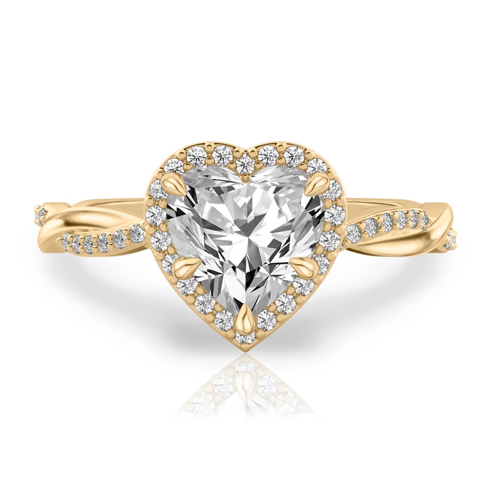 heart shape diamond twist halo engagement ring in yellow gold