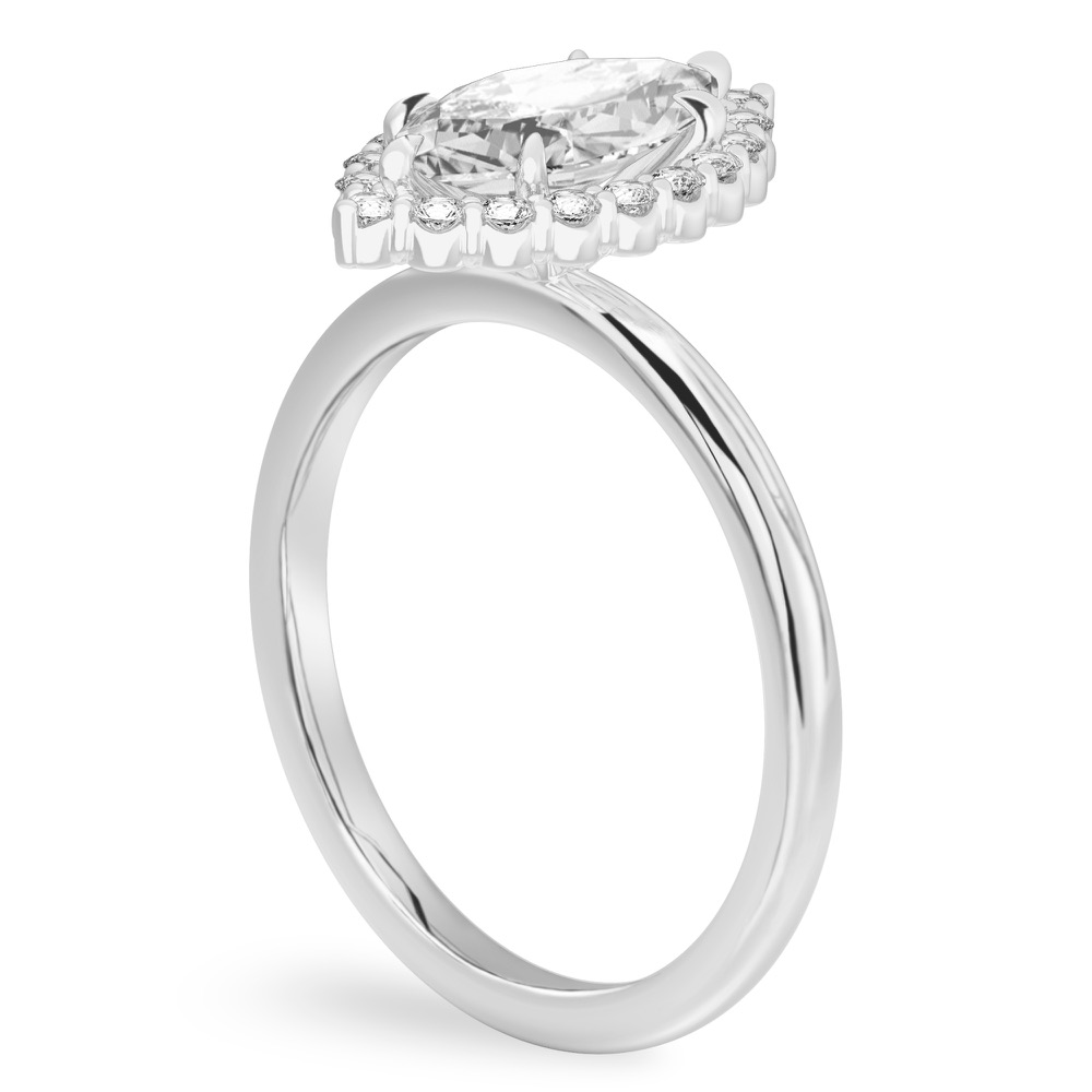 Angle view of marquise cut diamond floral halo engagement ring in platinum