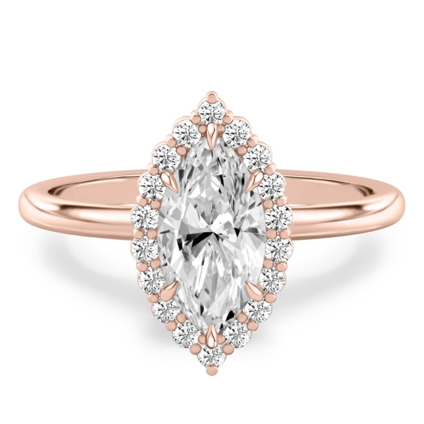 marquise cut diamond floral halo engagement ring in rose gold