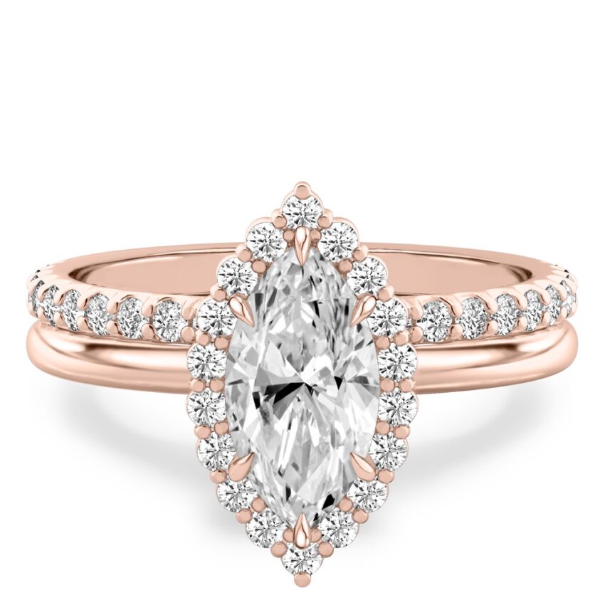 marquise cut diamond floral halo engagement ring set rose gold