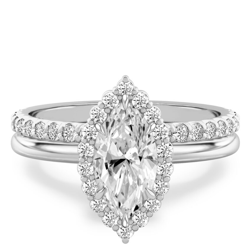 marquise cut diamond floral halo engagement ring set white gold