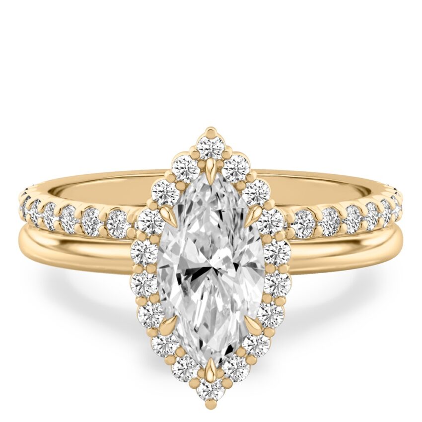 marquise cut diamond floral halo engagement ring set yellow gold