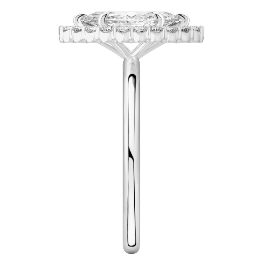 Side view of marquise cut diamond floral halo engagement ring in white gold