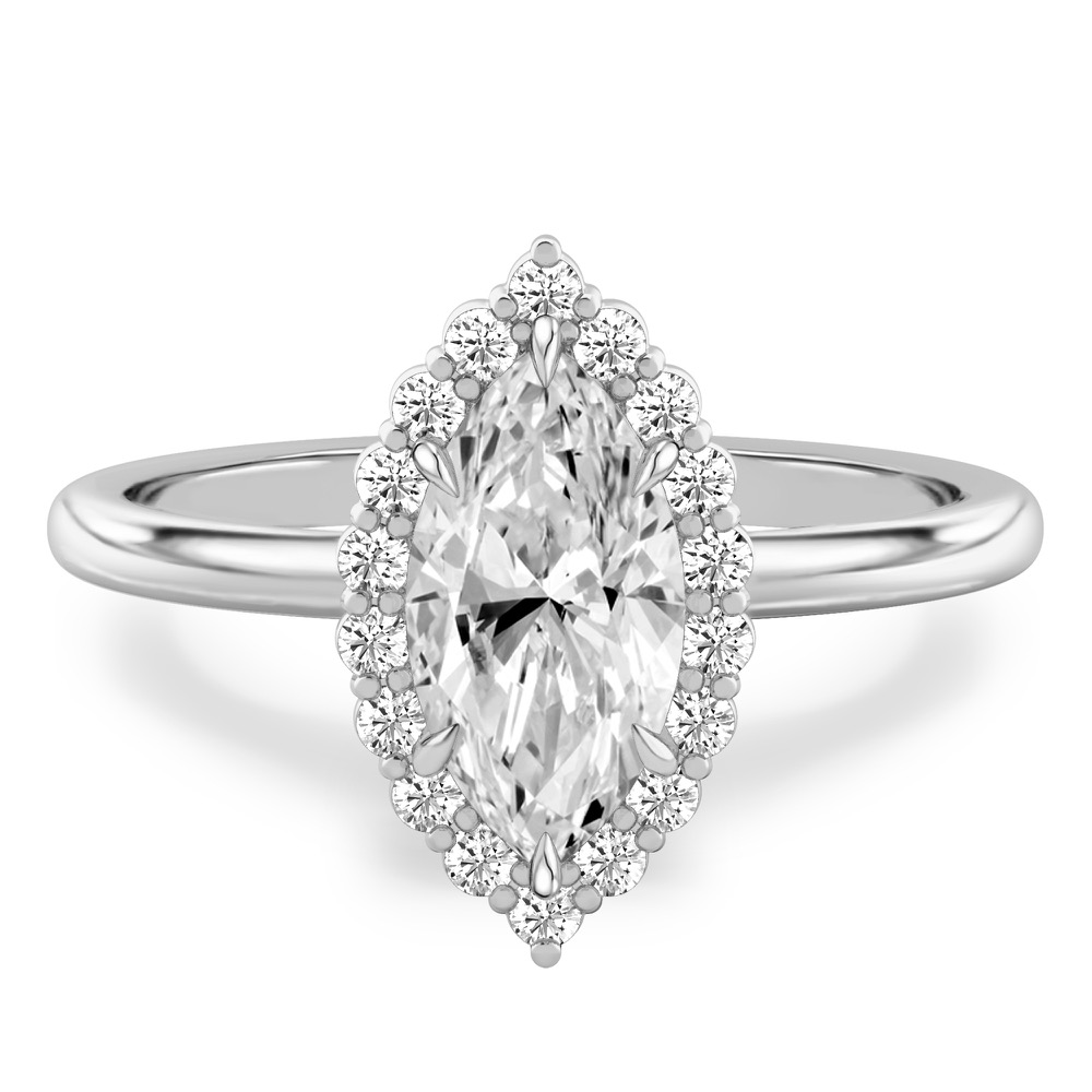 marquise cut diamond floral halo engagement ring in white gold