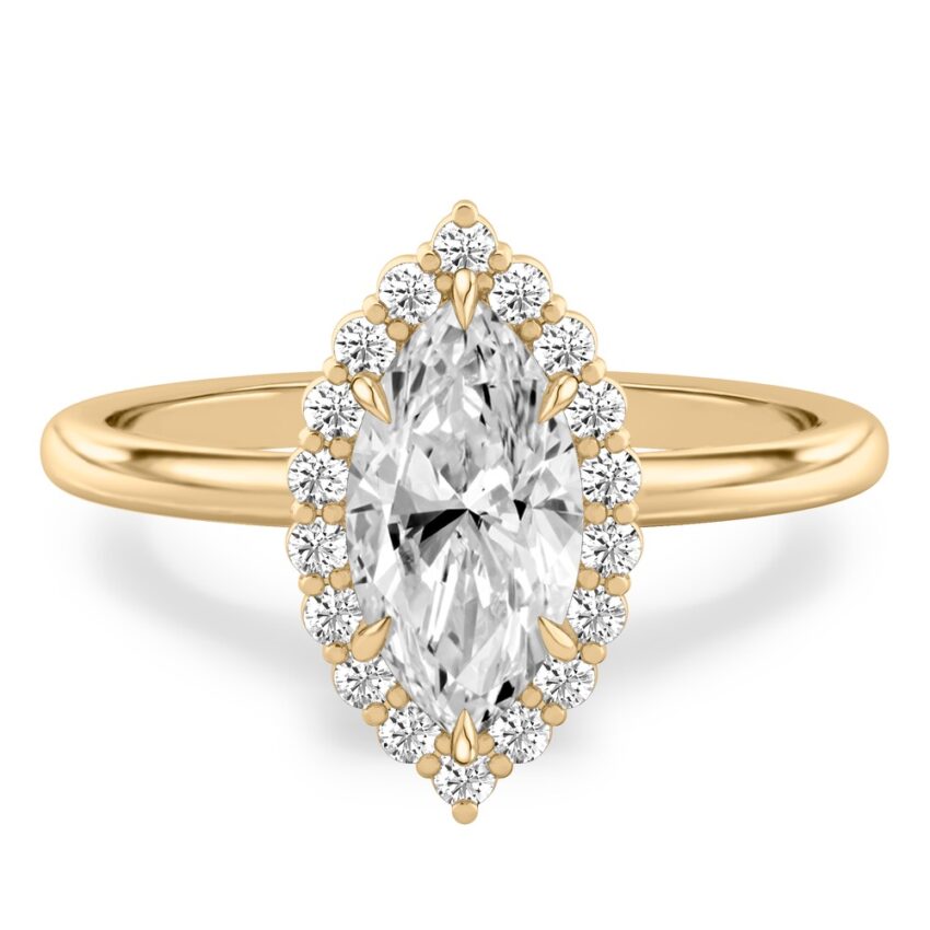 marquise cut diamond floral halo engagement ring in yellow gold