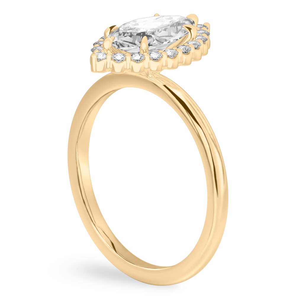 Angle view of marquise cut diamond floral halo engagement ring in yellow gold