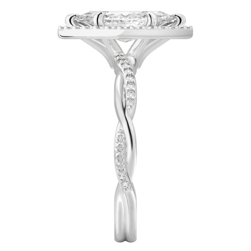 Side view of marquise cut diamond twist halo engagement ring in palladium