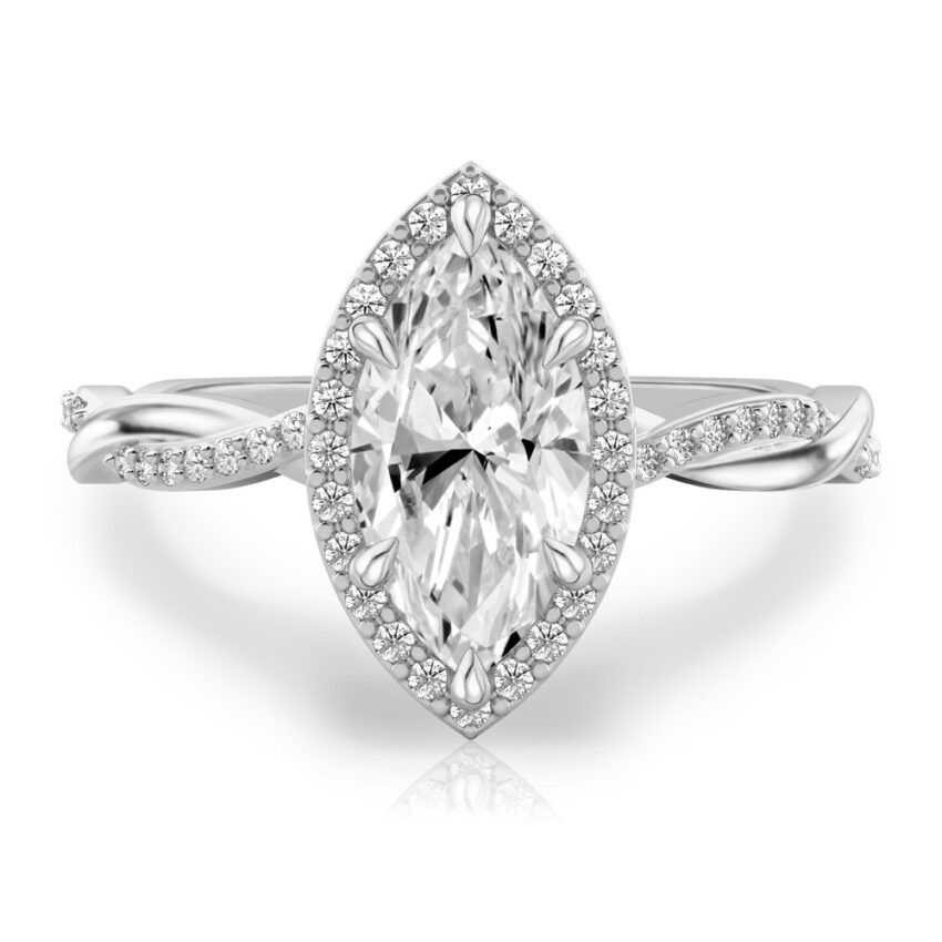 marquise cut diamond twist halo engagement ring in platinum