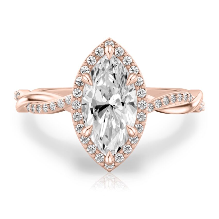 marquise cut diamond twist halo engagement ring in rose gold