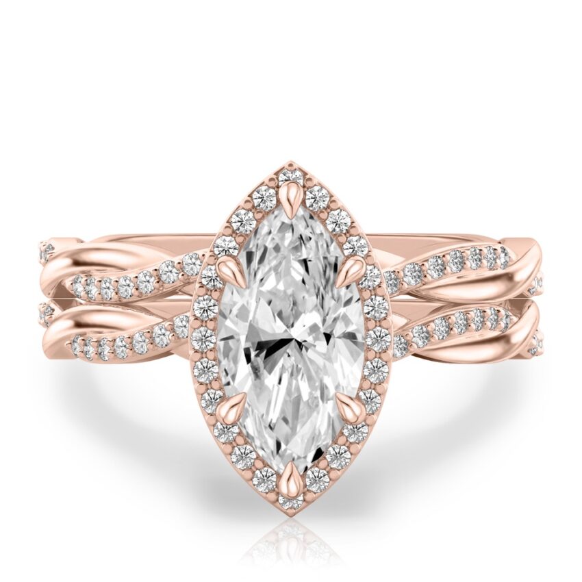 marquise cut diamond twist halo engagement ring set rose gold