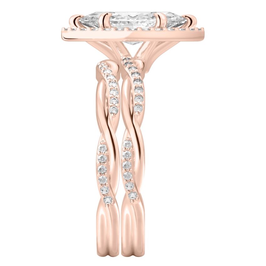 Side view of marquise cut diamond twist halo engagement ring set rose gold