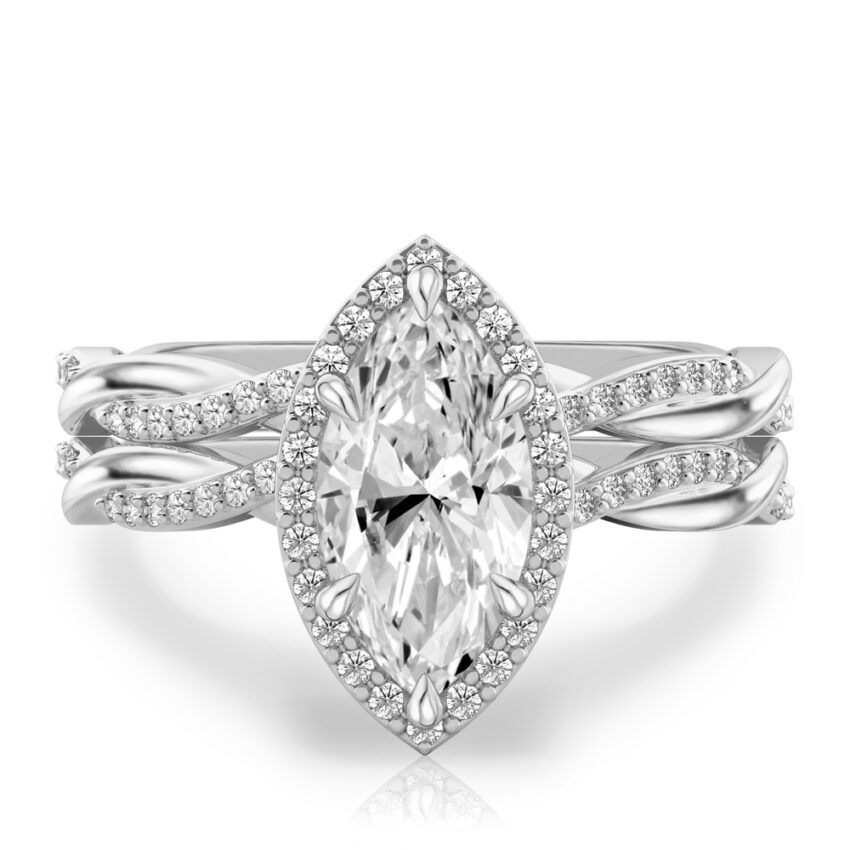 marquise cut diamond twist halo engagement ring set white gold