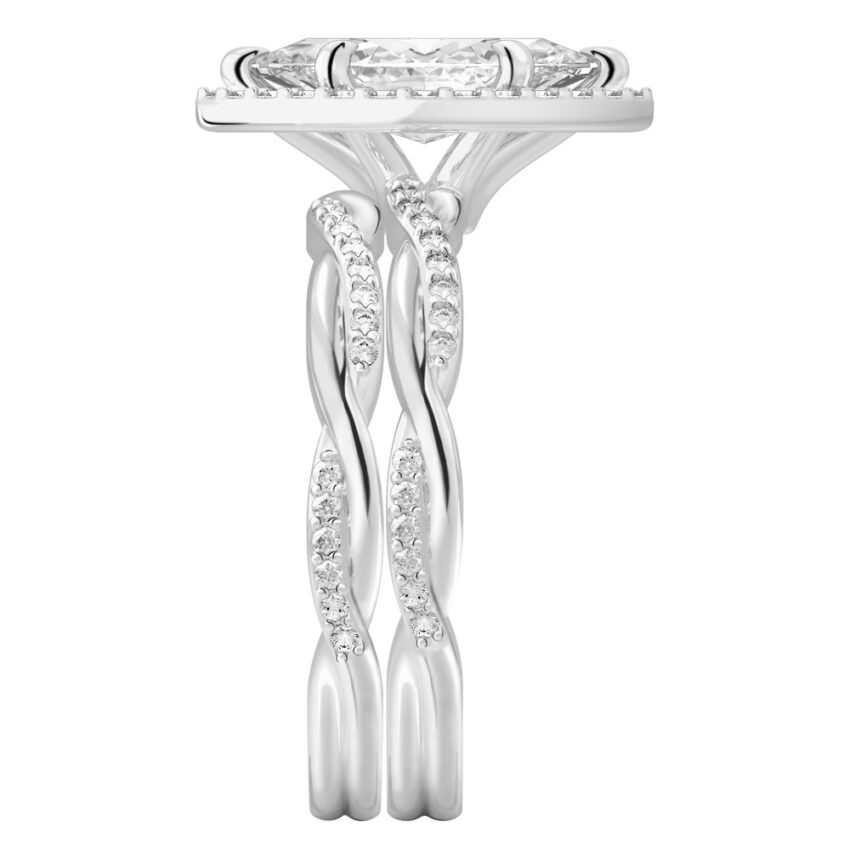 Side view of marquise cut diamond twist halo engagement ring set white gold