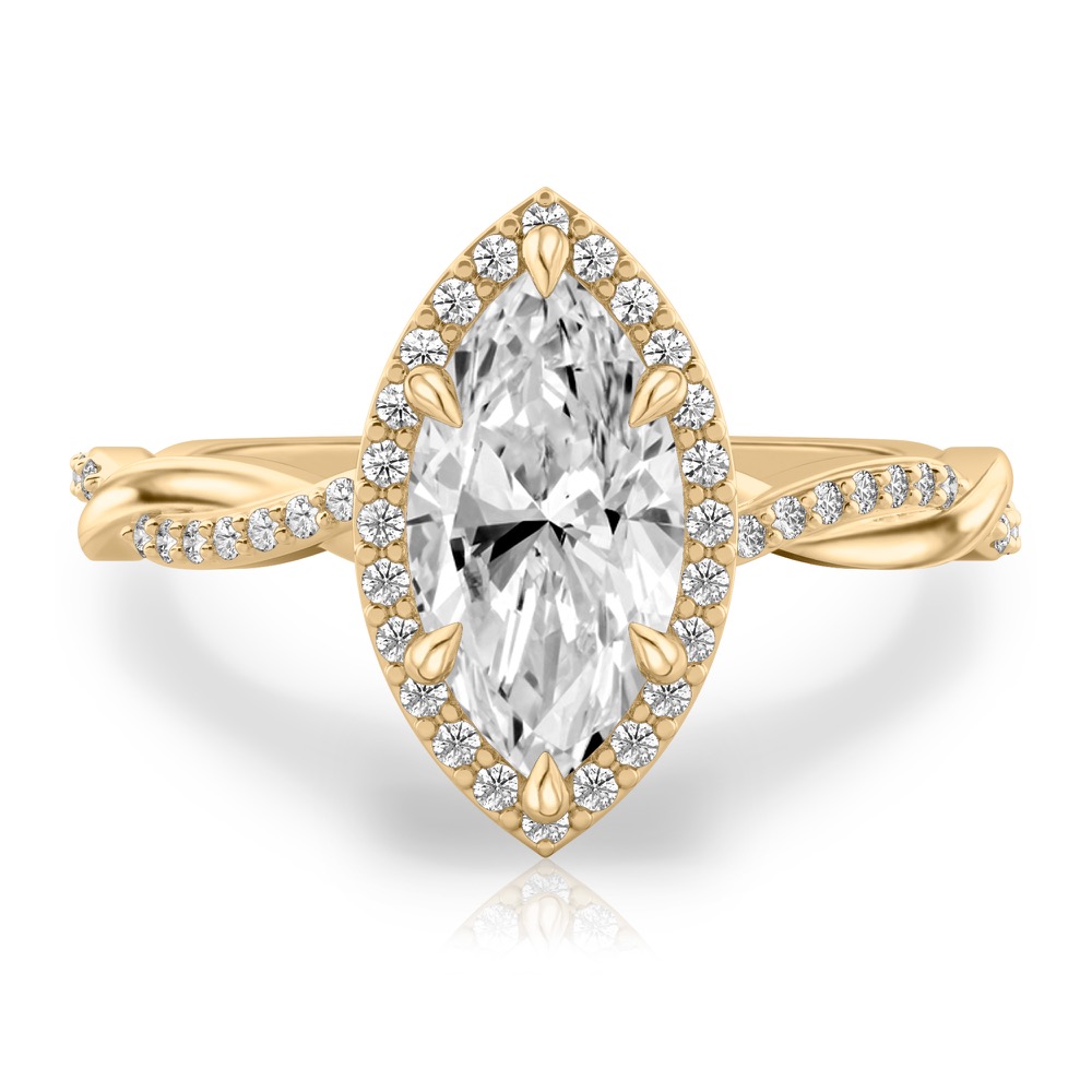 marquise cut diamond twist halo engagement ring in yellow gold