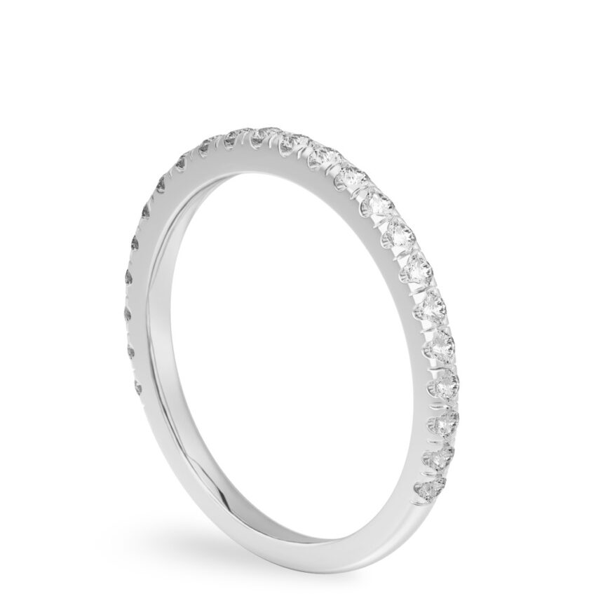 Angle view of micro pave wedding band in platinum