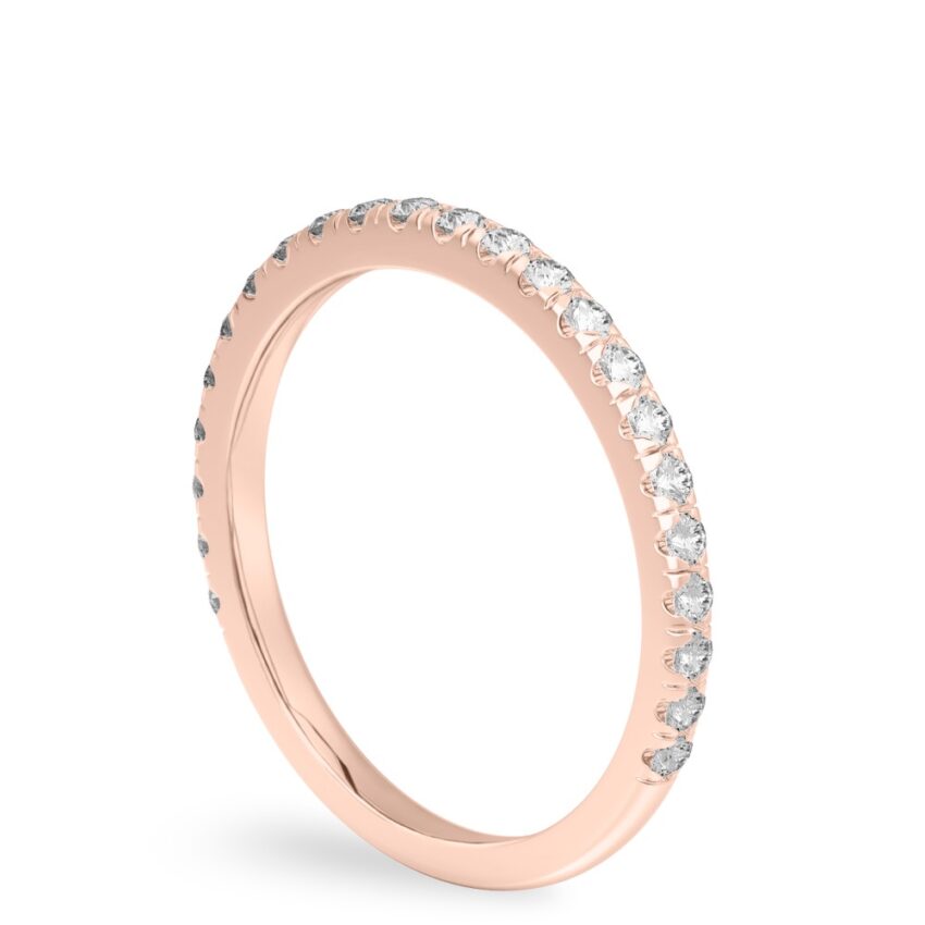 Angle view of micro pave wedding band in rose gold