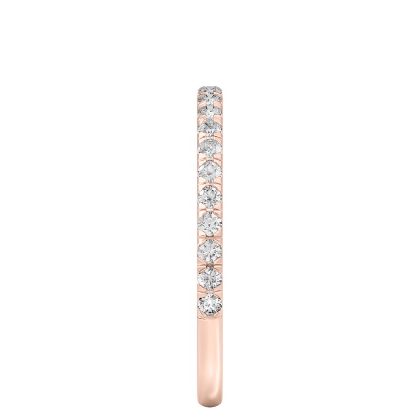 Side view of micro pave wedding band in rose gold