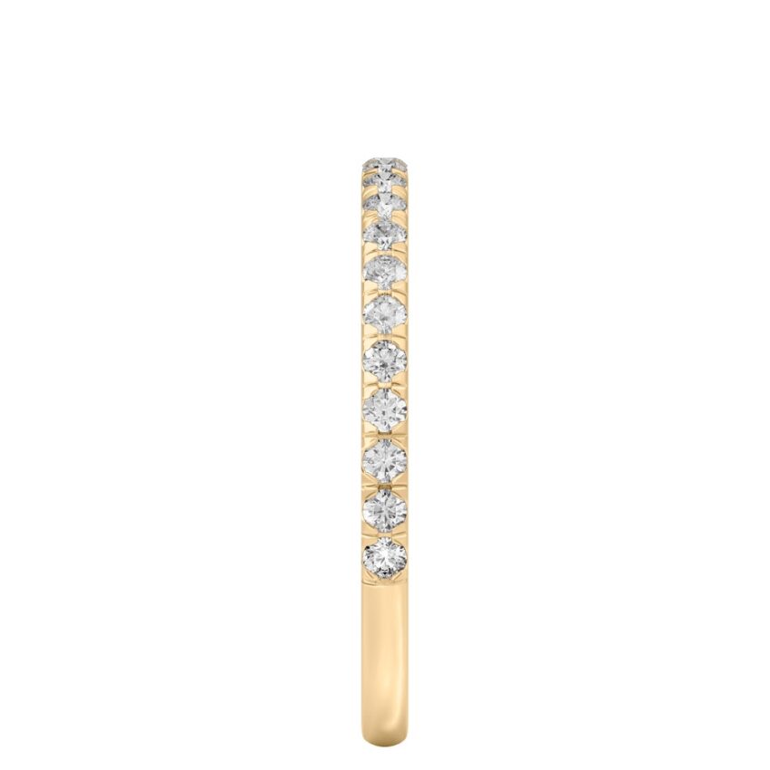 Side view of micro pave wedding band in yellow gold