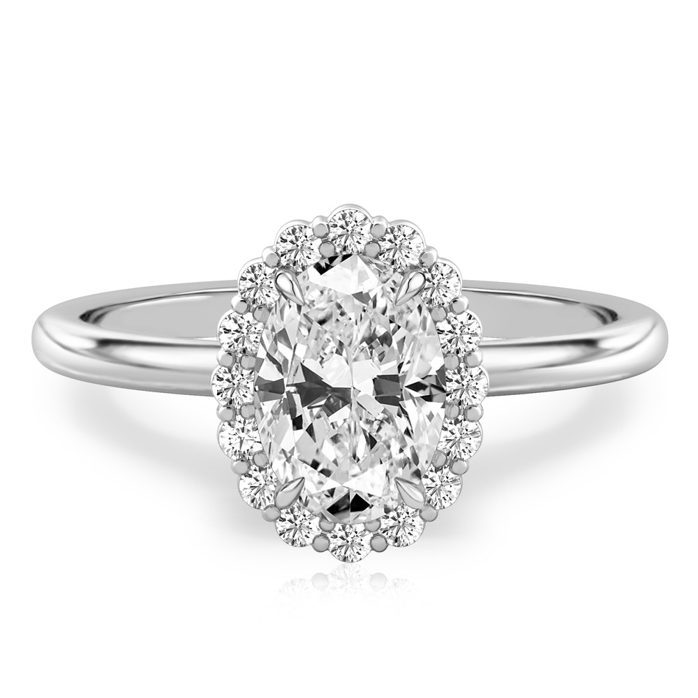 oval cut diamond floral halo engagement ring in platinum