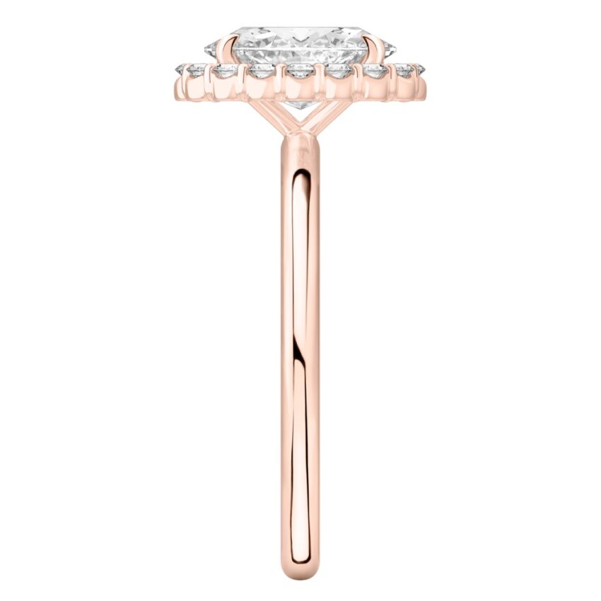 Side view of oval cut diamond floral halo engagement ring in rose gold
