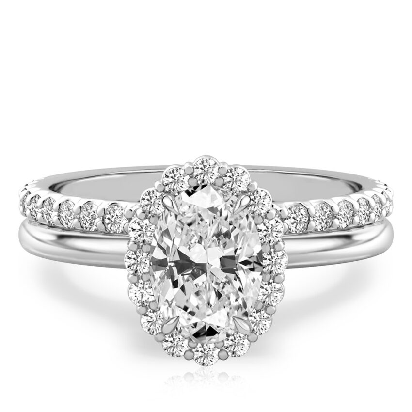 oval cut diamond floral halo engagement ring set palladium