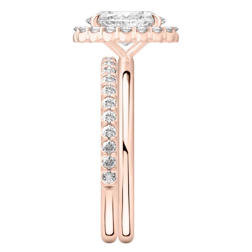 Side view of oval cut diamond floral halo engagement ring set rose gold