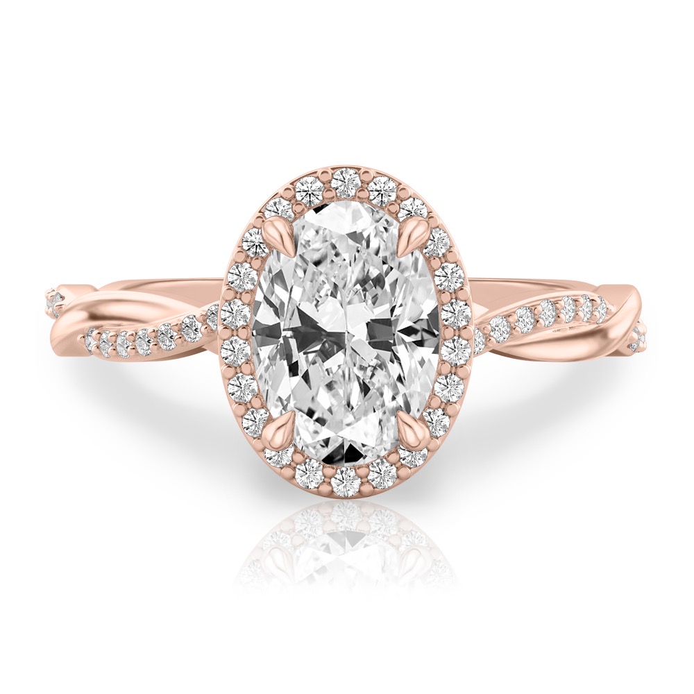 oval cut diamond twist halo engagement ring in rose gold