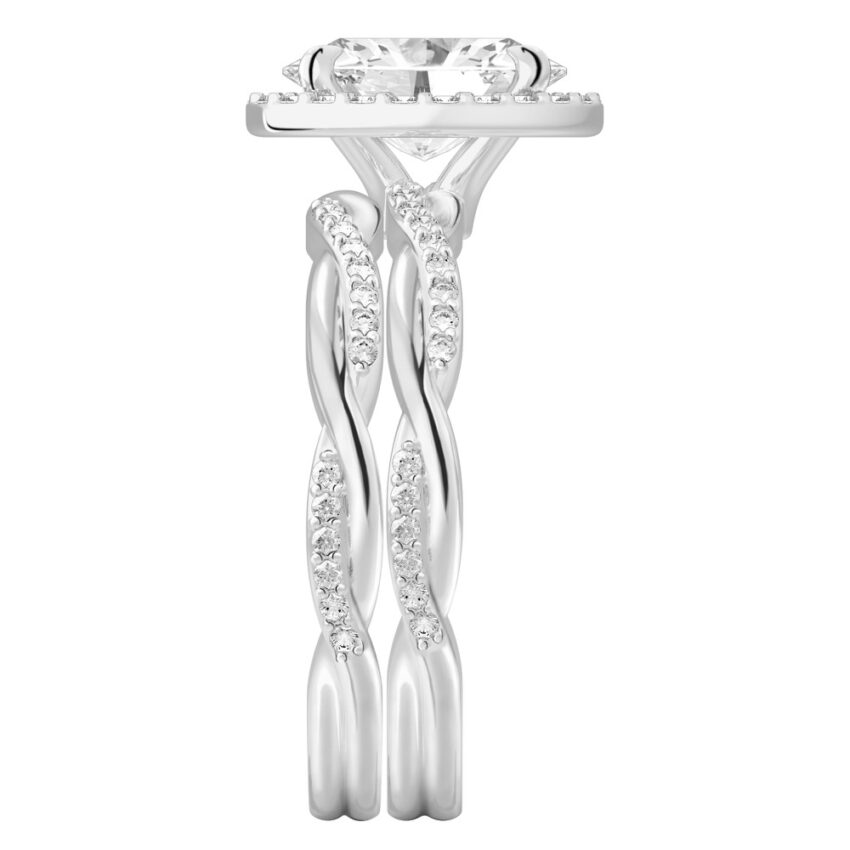 Side view of oval cut diamond twist halo engagement ring set platinum