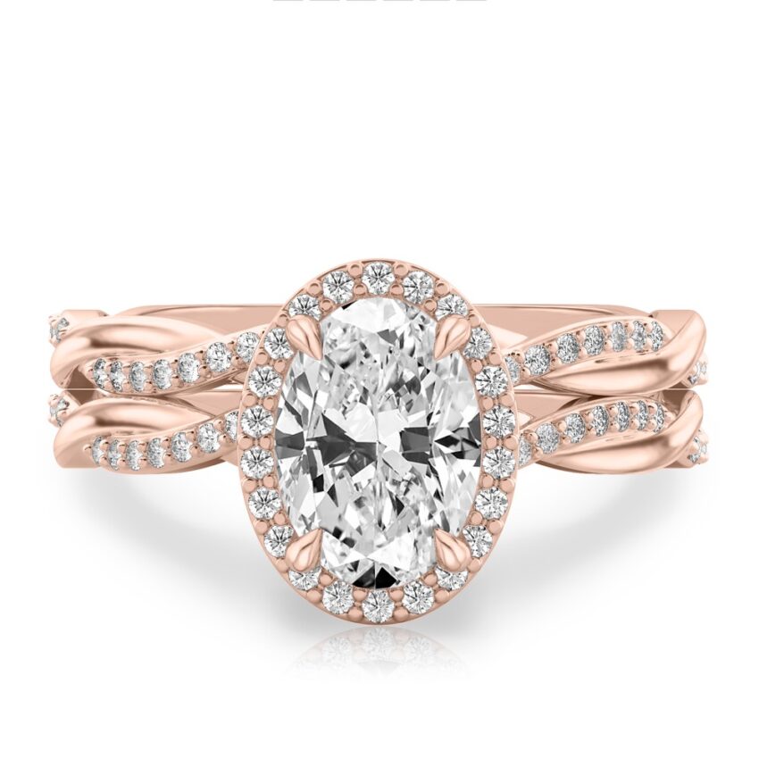 oval cut diamond twist halo engagement ring set rose gold