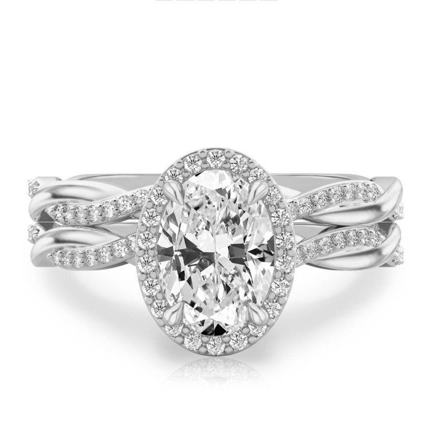 oval cut diamond twist halo engagement ring set white gold