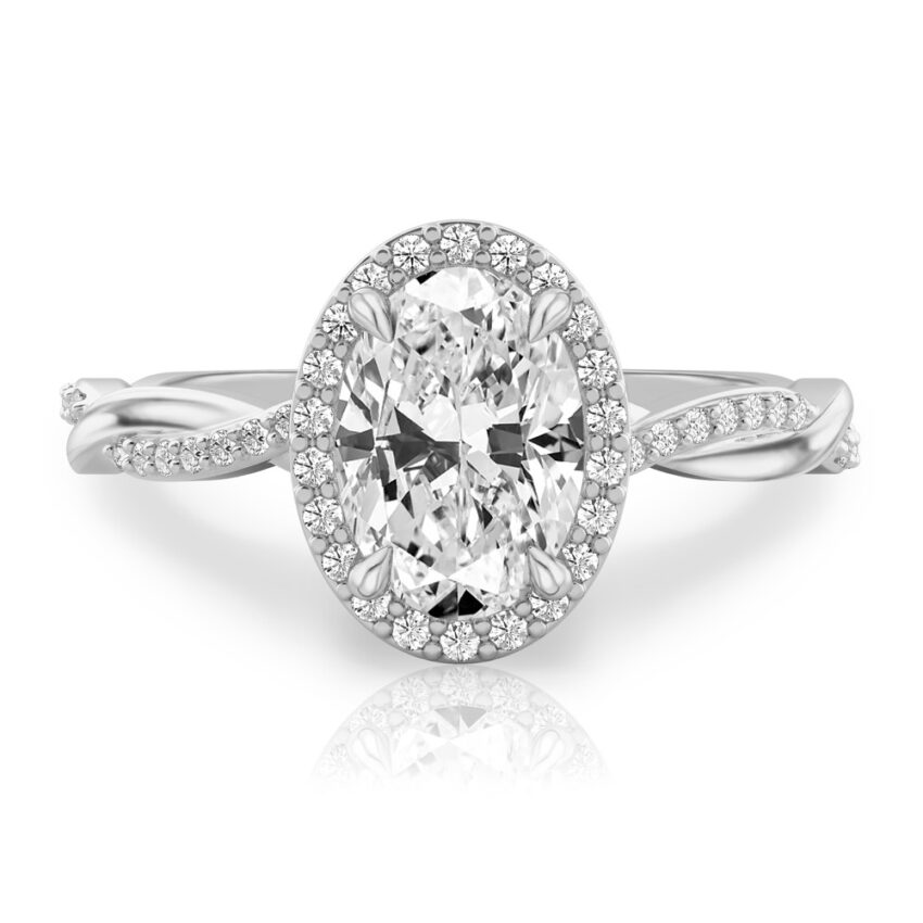 oval cut diamond twist halo engagement ring in white gold
