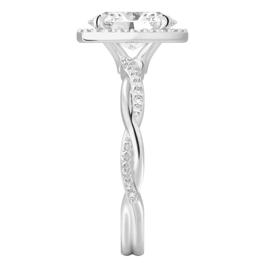 Side view of oval cut diamond twist halo engagement ring in white gold