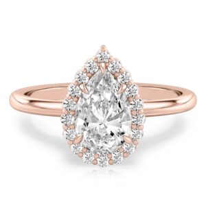 pear shape diamond floral halo engagement ring in rose gold