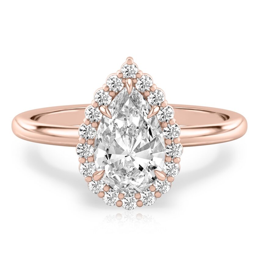 pear shape diamond floral halo engagement ring in rose gold