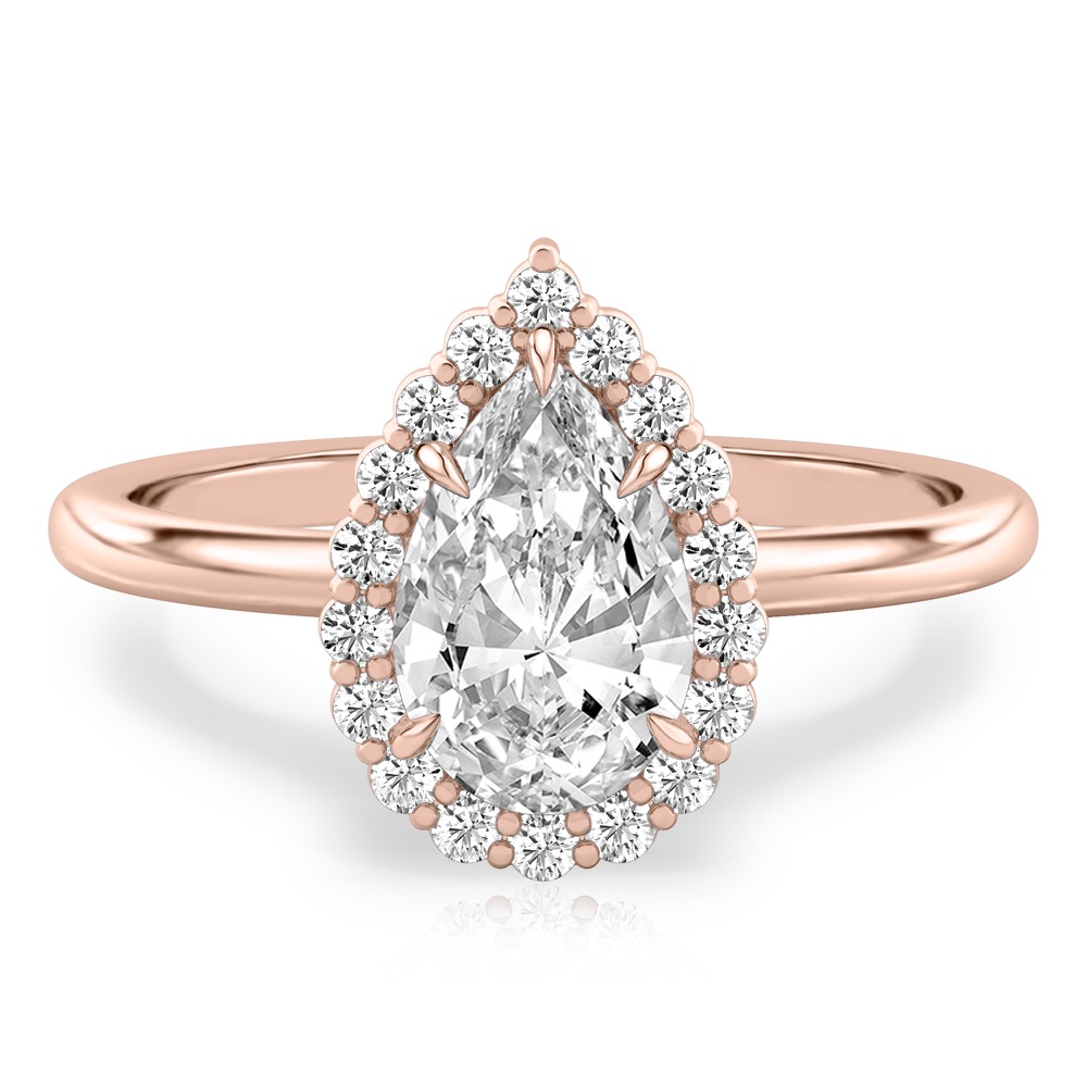pear shape diamond floral halo engagement ring in rose gold